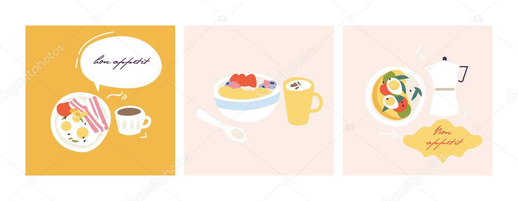 Vector illustration set of different breakfasts. Various tasty bakery products and hot drinks. Food icons and logos