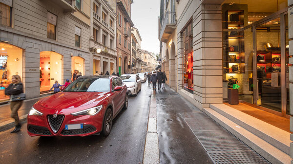 Milan, November 2018: Shopping Street Via Monte Napoleone, in the fashion and design capital of the world, on November 2018 in Milan, Italy, Europe