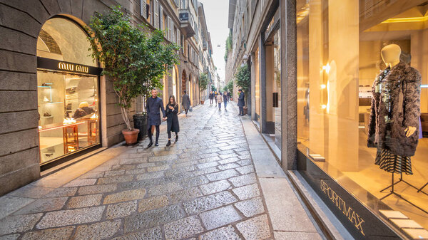 Milan, November 2018: Shop window in Shopping Street Via Della Spiga, in the fashion and design capital of the world, on November 2018 in Milan, Italy, Europe