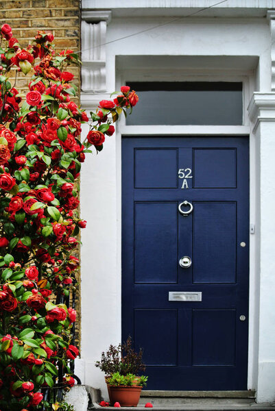 facade part of residential building with blue door,