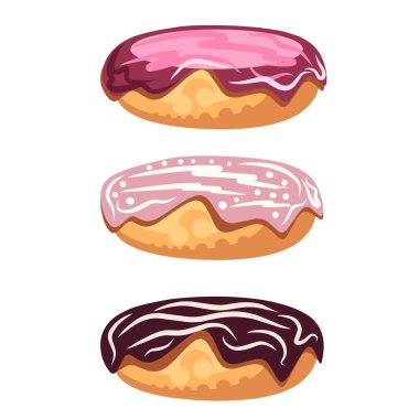 Çikolata, çilek ve şeker gibi çeşitli malzemelerle renkli çörek vektör çizimi. Yemek için mükemmel bir menü.