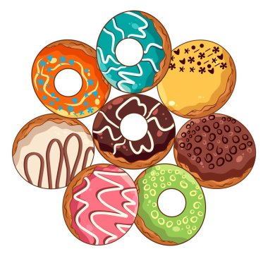 Değişik krema ve malzemelerle renkli çörekler. Her donutta farklı tatlar ve serpiştirilmiş çikolata, çiseleme ve don gibi eğlenceli dekorasyonlar var. Yemek menüsü posterleri ve sosyal medya için mükemmel..