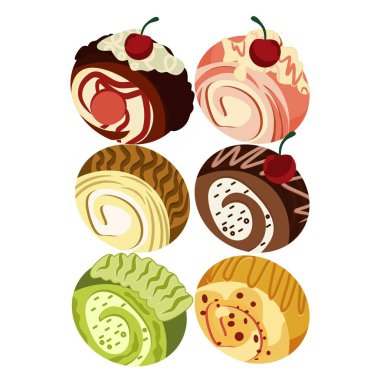 Çikolata, vanilya, matcha ve çilek gibi çeşitli tatlarda altı lezzetli İsviçre usulü kek çizimi. Krema, kiraz ve düz çizgi film tasarımlarıyla süslenmiş.