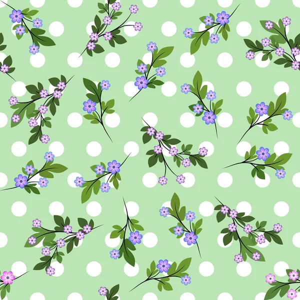 法国纺织画 Millefler 蓝花小枝与白色圆点浅绿色背景的散射 — 图库矢量图片