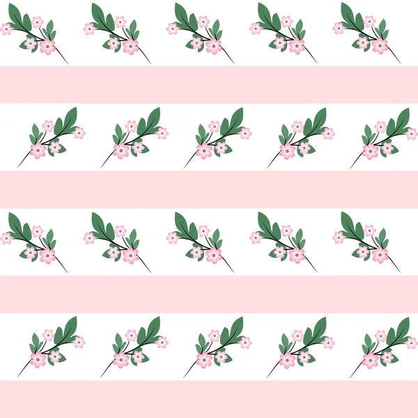 法国纺织画 Millefler 粉红色和白色条纹背景下粉红花朵的小树枝散射 — 图库矢量图片