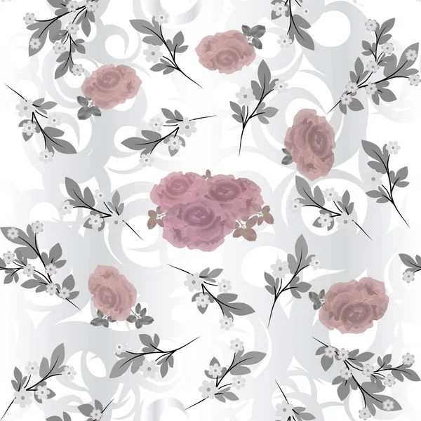 法国纺织画 Millefler 散射褪色小枝与小花和浅红色玫瑰在白色背景与灰色卷发 — 图库矢量图片