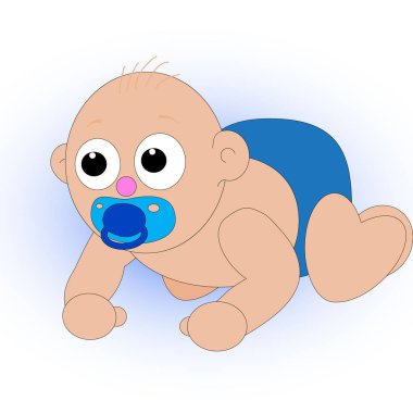 düz bebek mavi altına bez ve yumuşak mavi bir arka plan üzerinde sürünen bir mavi emzik ile