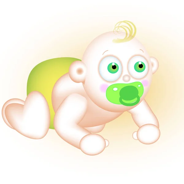 Bebê Com Olhos Verdes Uma Fralda Verde Com Grande Tufo — Vetor de Stock