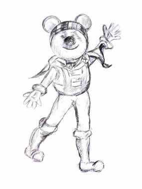 çizgi film uzaylı karakteri ve koca kulaklı bir ayı gibi bir alan takım elbise giymiş. resmi bir kalemle çizilir.