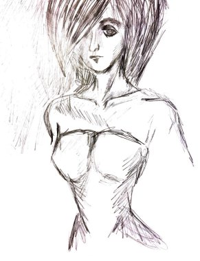 hacimli saç ve üzgün yüz moda model. resmi bir kalemle çizilir.