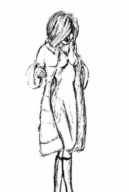 moda modelinde aşağı bakıyor bir kürk manto. resmi bir kalemle çizilir.