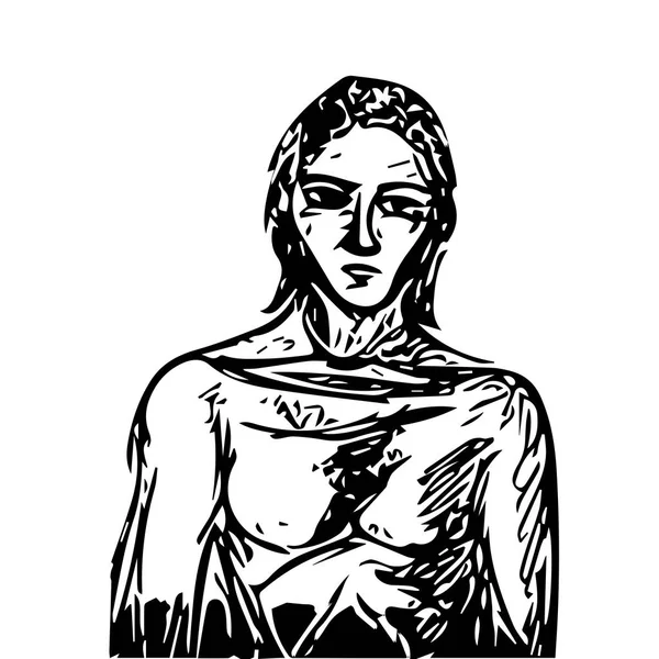 長い髪を持つ男の肖像画 ベクトル分離の白い背景に黒い線で描画 — ストックベクタ