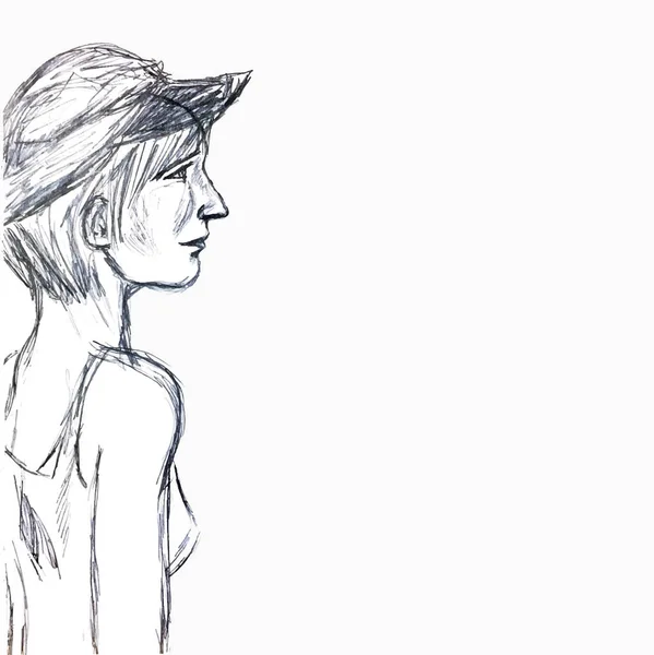 Chica Pintada Con Una Camiseta Gorra Mirando Distancia Sonriendo Dibujo — Archivo Imágenes Vectoriales