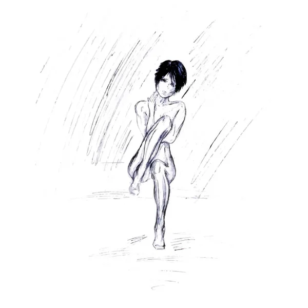 矢量画的一个女孩坐在雨中在一个封闭的位置 这幅画是用铅笔画的 — 图库矢量图片