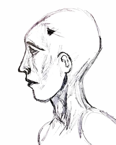 Bald Man Looks Away Sad Look Picture Drawn Pencil — Stock Vector