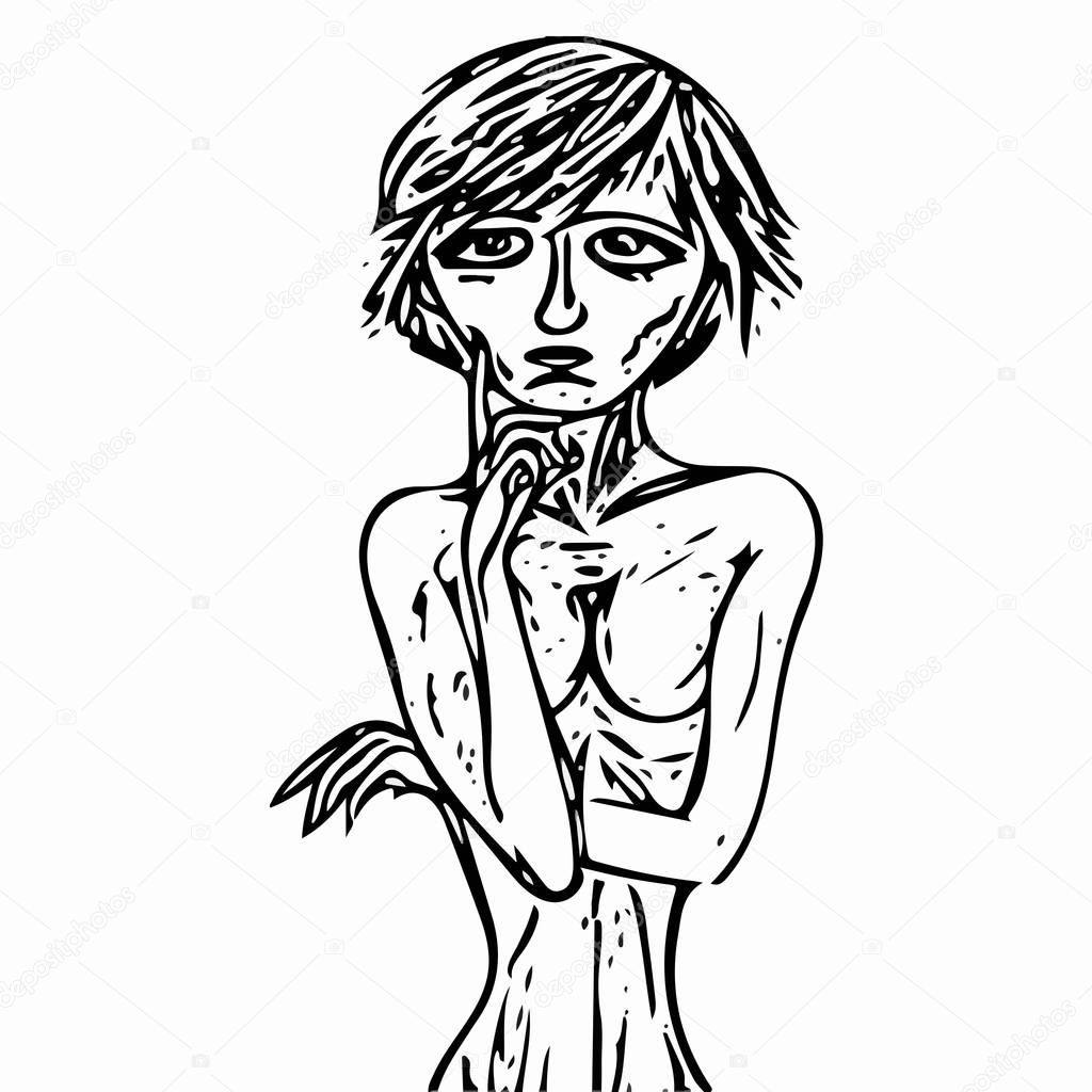 fashion model drawn to the waist stands in a thoughtful pose, holding the index finger at the face with folded hands. vector drawing with black lines on white isolated background.