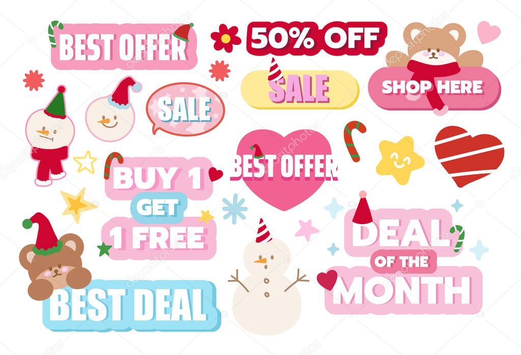 Cute Christmas sale icons such as best offer, shop here, 50% off, sale, deal of the month for online shopping, marketing, promotion, sticker, banner, special price, discount, banner, button, campaign