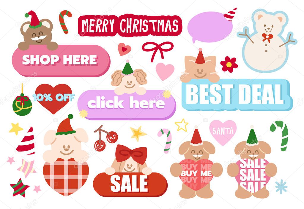 Cute Christmas sale icons such as click here, shop here, best deal, 10% off, sale, buy me for online shopping, marketing, promotion, sticker, banner, special price, discount, banner, button, campaign