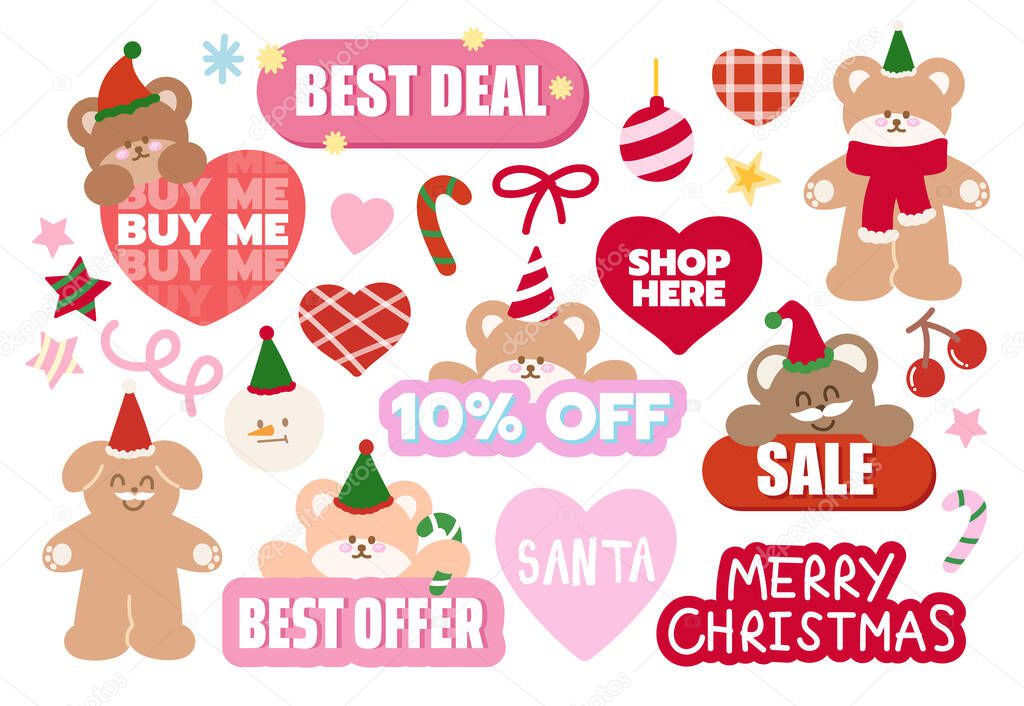 Festive Christmas sale icons such as shop here, best deal, 10% off, sale, buy me for online shopping, marketing, promotion, sticker, banner, special price, discount, banner, button, campaign