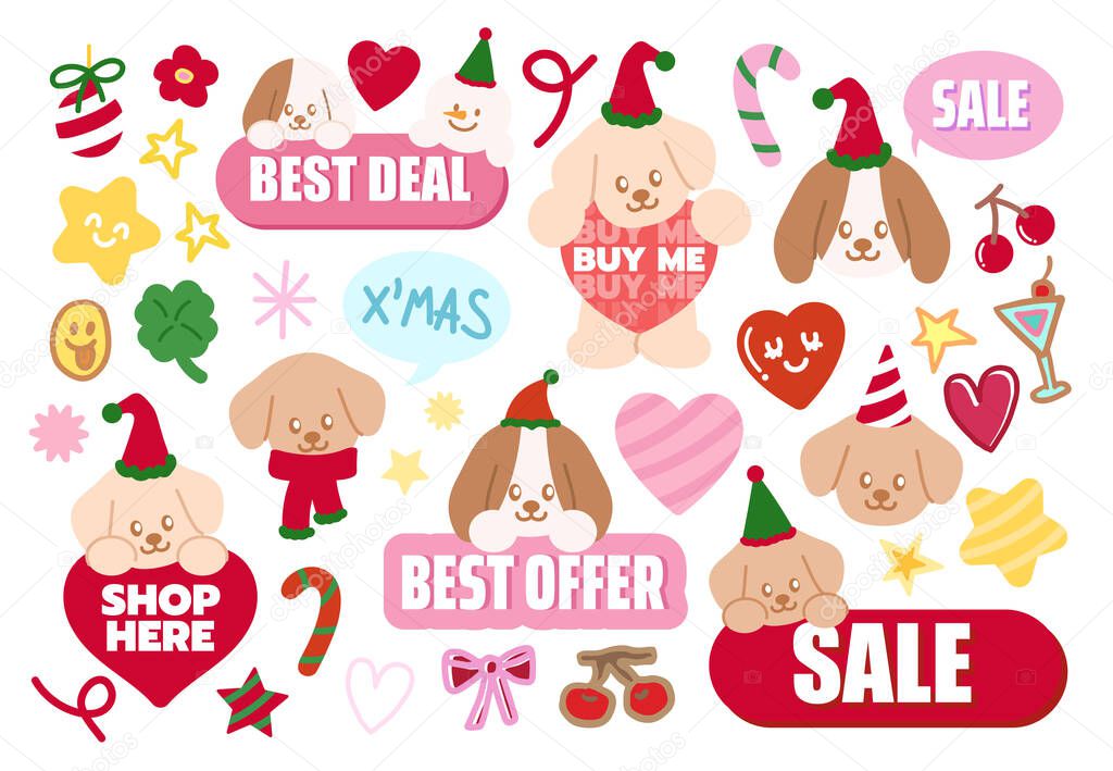 Cute Christmas sale icons with puppy such as best deal, shop here, best offer for online shopping, marketing, promotion, sticker, banner, special price, discount, banner, button, campaign, pet shop