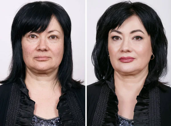 Olgun kadın ile ve makyaj olmadan karşılaştırmalı portresi.