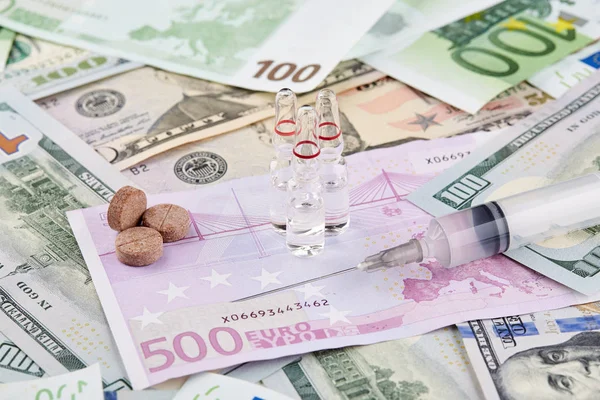 Syringe Pills Lie Euro Banknote — Stock Photo, Image