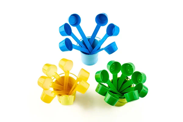 Green Yellow Blue Plastic Spoons Colorful Small Buckets Isolated White — Φωτογραφία Αρχείου