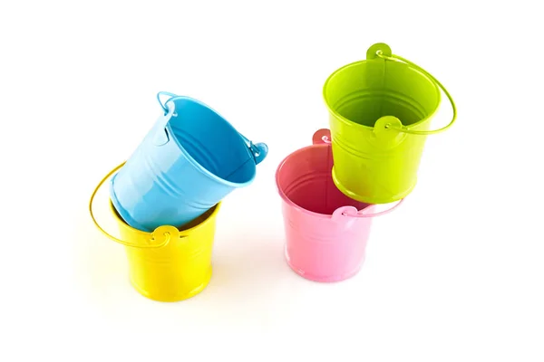Four Small Colorful Buckets Isolated White Background — Stock Photo, Image
