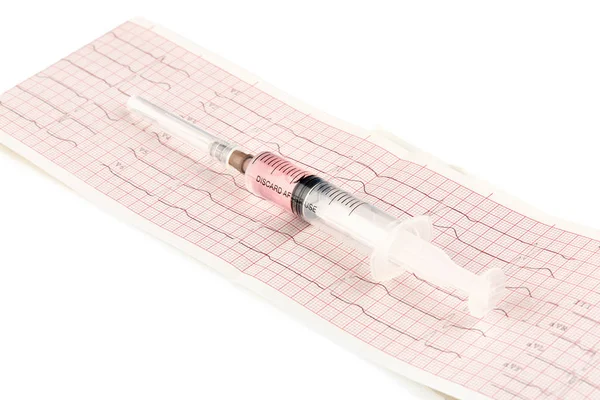 Syringe Met Geneeskunde Cardiogram Geïsoleerd Witte Backgroung — Stockfoto
