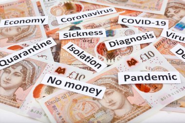 Coronavirus, COVID-19 Birleşik Kingdome 'daki gazete kupürleri. 10 sterlin banknotlar..