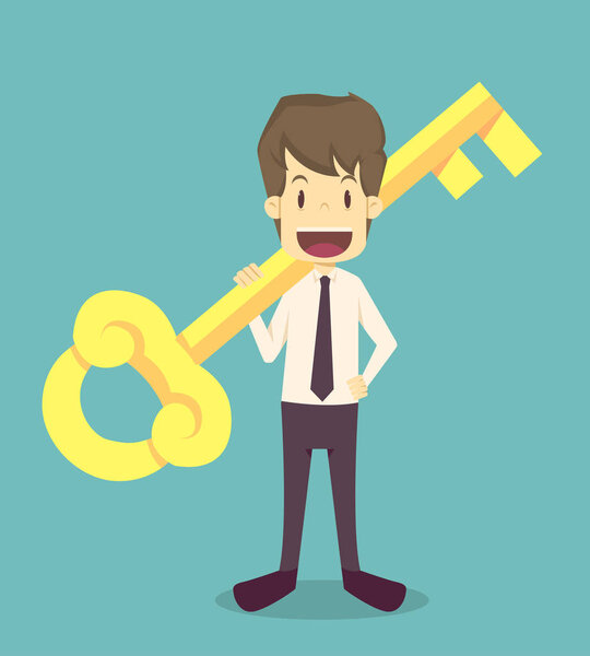 Бизнесмен держит золотой ключ в своем hand.cartoon бизнеса, успех сотрудников является концепция человека символов бизнеса, настроение людей, может быть использован в качестве фона, banner.illustration вектор
