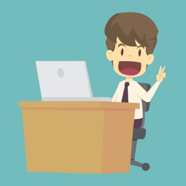 İşadamı nın emeği parmaklarında zafer işareti gösterir.carto