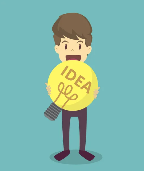 Empresário segurando lâmpada idea.cartoon de negócios, empregado — Vetor de Stock