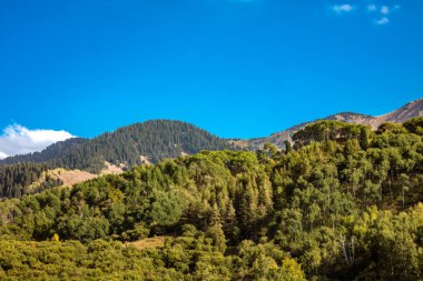 Dağları ve mavi gökyüzü olan güzel bir manzara.