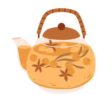 Sıcak bitkisel deniz dikenli çaydanlık. Sonbahar içecek tasarımı rahat tarifler, mevsimlik gıda projeleri ve sağlıklı içecek kavramları için idealdir.