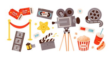 Sinema aksesuarları hazır. Klasik sinema unsurları, alkış tahtası, projektör, film makaraları ve 3D gözlükler. Düz vektör illüstrasyonu