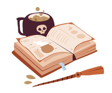 Sihirli büyü kitabı, iksir ve değnek. Cadılar Bayramı için büyücülük ve sihirbazlık öğeleri. Gizemli büyü kitabı