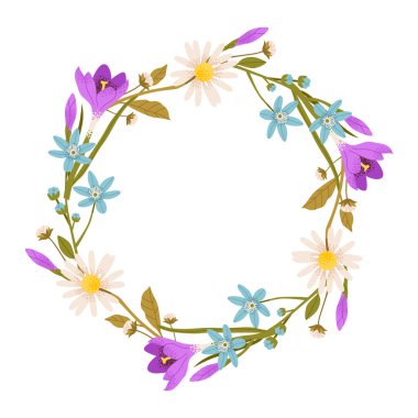 Yaban çiçeği çelenk vektör çizimi. Çiçekli el çizimi taç, çayır çiçekleri, papatya çayı, kır çiçeği, safran ve kır yeşili.