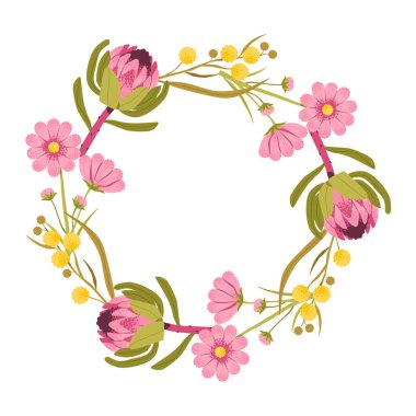 Düğün davetiyesi için dekoratif botanik çerçeve, selamlama, bohem tasarım, klasik çiçek dekoru. Yaban çiçekli ve yeşillikli çelenk.