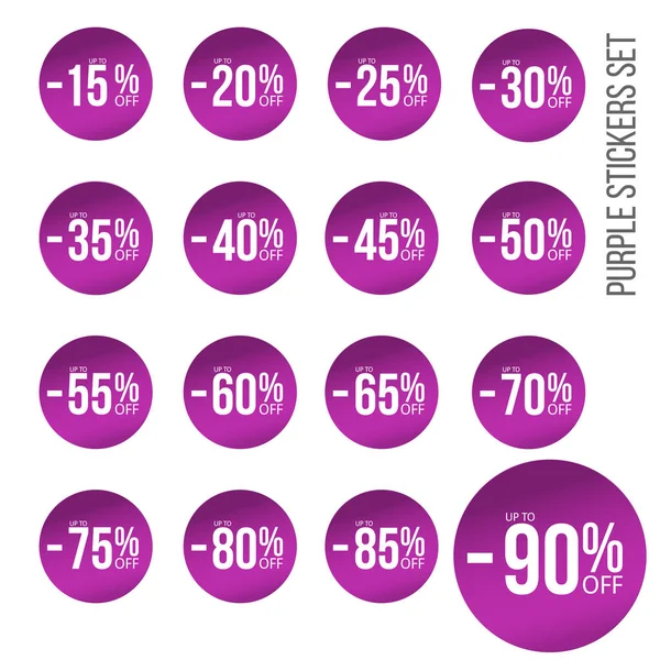Purple discount stickers set with sale percents numbers. From ten to eighty five — Stock Vector
