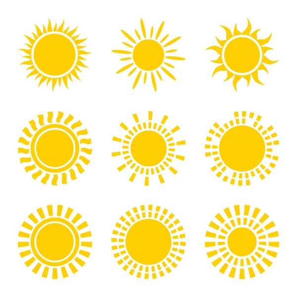 Ensemble Symboles Solaires Jaunes Isolés Sur Blanc Icônes Plates — Image vectorielle
