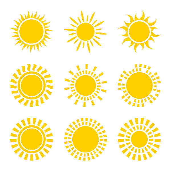 Набор символов желтого солнца изолирован на белом. Плоские иконки
