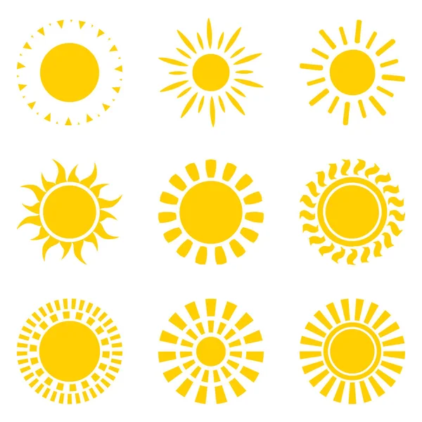 Set Yellow Sun Symbols Isolated White Flat Icons — Stock Vector