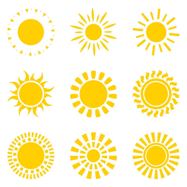 Набор символов желтого солнца изолирован на белом. Плоские иконки
