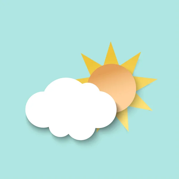 White paper cut cloud and sun. 3d paper art style. Weather illustration — Stock Vector