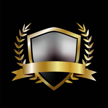 Altın kalkan defne çelengi ve altın şerit. Vektör tasarlamak.