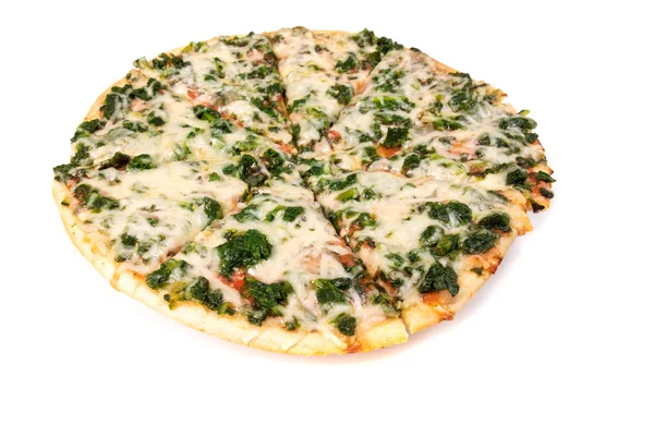 Scheiben Geschnittene Spinat Pizza Isoliert Auf Weiß — Stockfoto