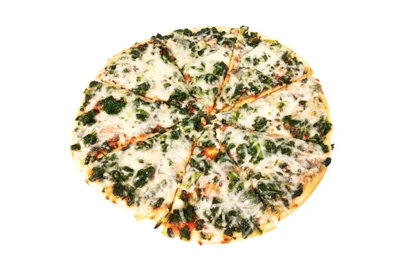 Scheiben Geschnittene Spinat Pizza Isoliert Auf Weiß Ansicht Von Oben — Stockfoto