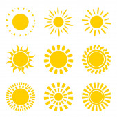 Set of yellow sun icon symbols isolated