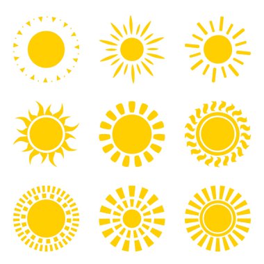 Set of yellow sun icon symbols isolated clipart